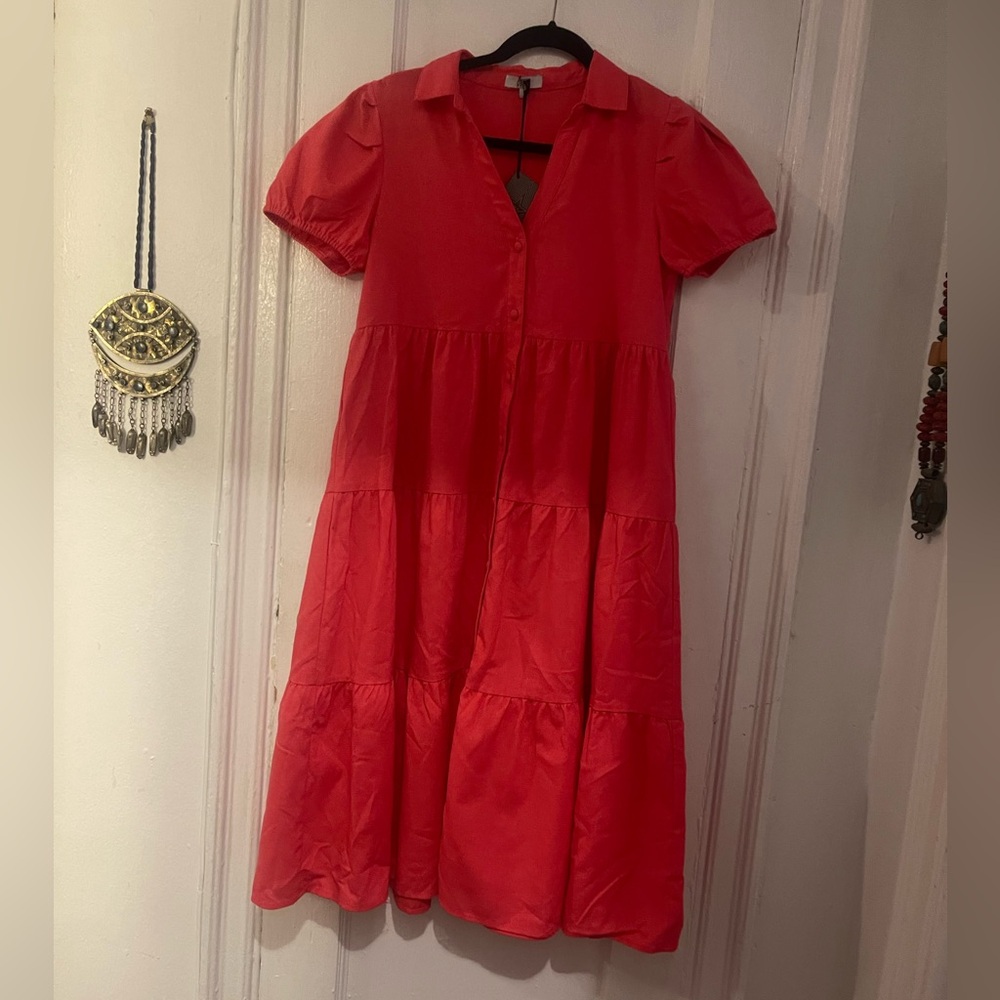 NEW AREA STARS Pink BELLA Button Front TIERED Cotton MIDI Shirt DRESS S